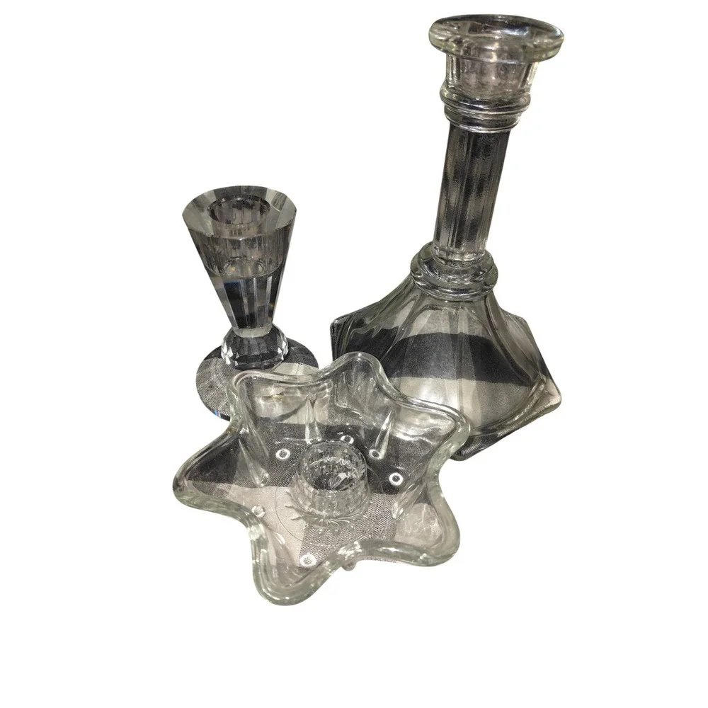 Vintage Clear Glass Candle Holder Set Star Faceted Geometric Taper Votive 3pc